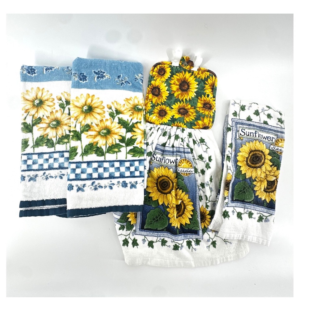 Franco Sunflower Kitchen Towel Set 4pc Yellow Blue Floral Cotton Hanging Towel